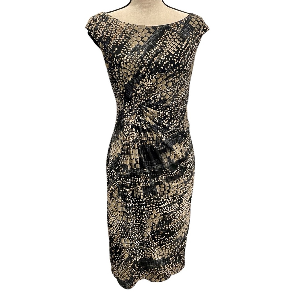 Connected Apparel Blue Black Tan Faux Wrap Dress